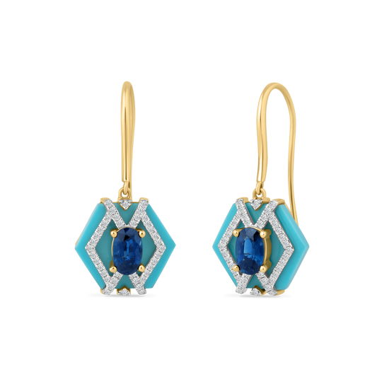 14K RECON TURQUOISE WIRE EARRINGS WITH 80 DIAMONDS 0.27CT AND 2 SAPPHIRES 1.2CT