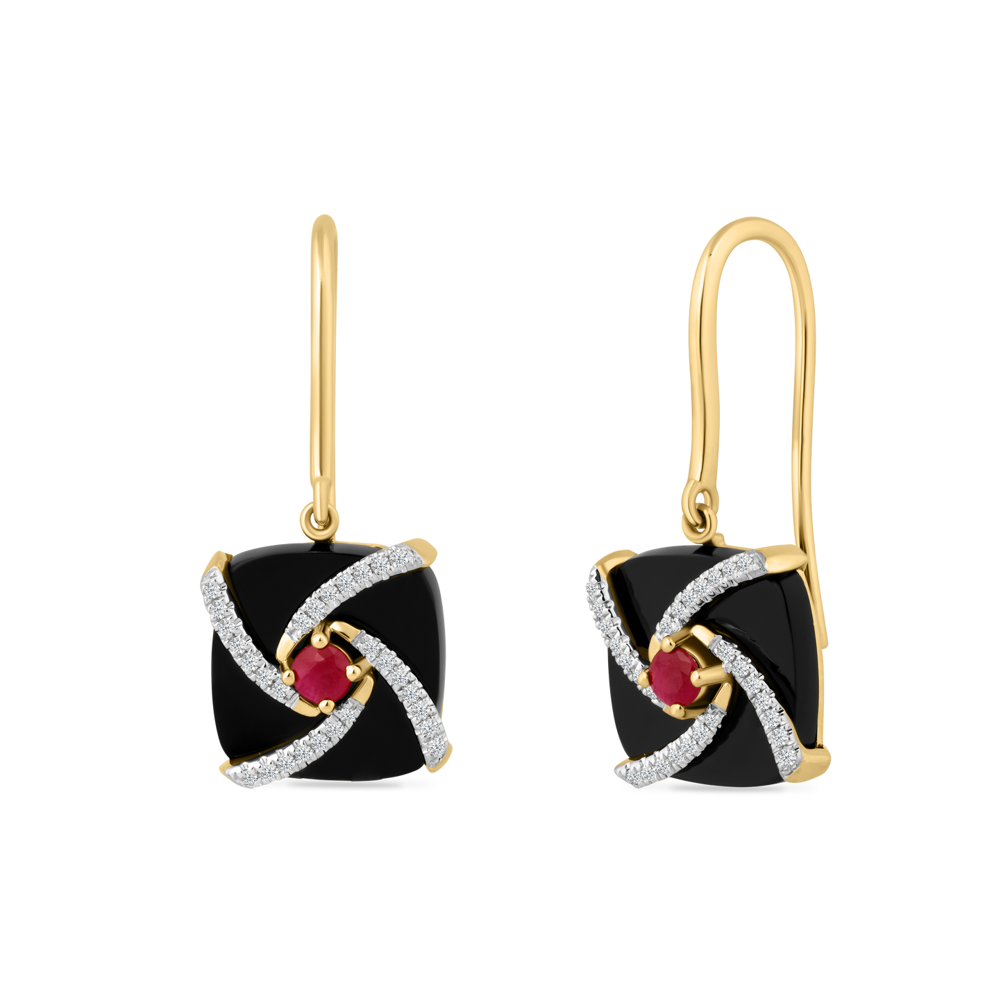 14K BLACK AGATE EARRINGS WITH 56 DIAMONDS 0.19CT AND 2 RUBIES 0.3CT