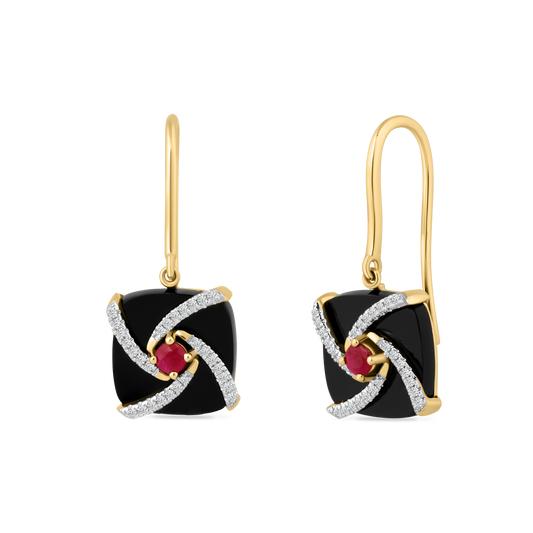 14K BLACK AGATE EARRINGS WITH 56 DIAMONDS 0.19CT AND 2 RUBIES 0.3CT