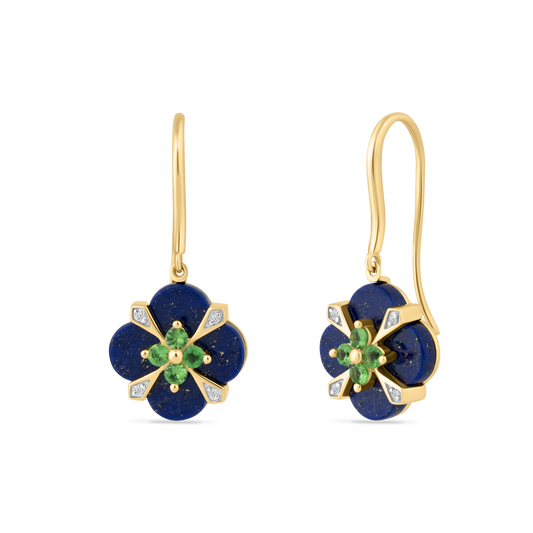 14K LAPIS EARRINGS WITH 8 DIAMONDS 0.033CT AND 8 TSAVORITES 0.295CT