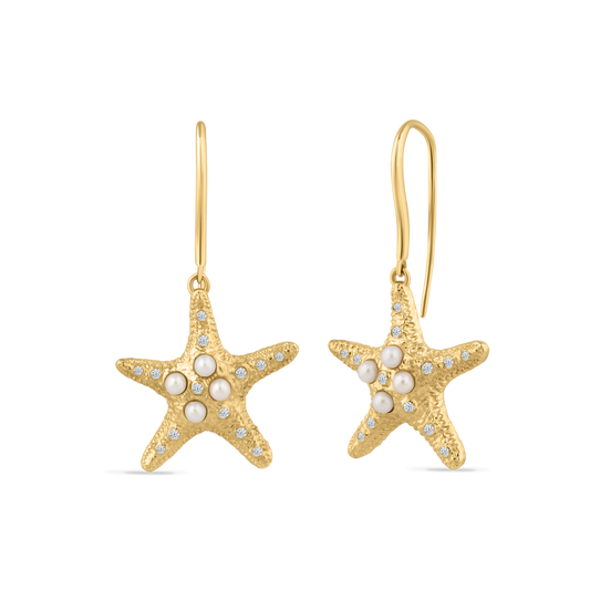14K STAR FISH EARRING WITH 16 DIAMONDS 0.072CT, 10 DIAMONDS 0.066CT AND 8 CULTURED PEARLS
