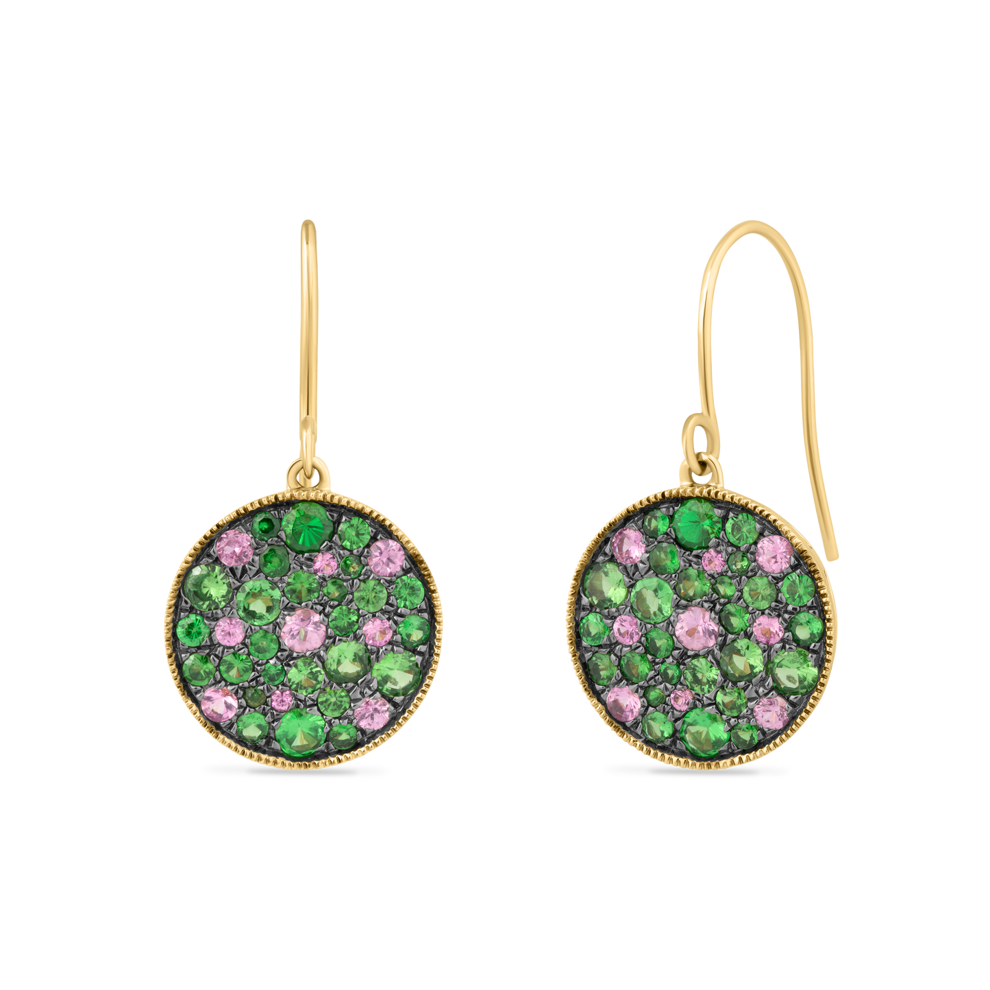 14K ROUND EARRINGS WITH 0.06CT GREEN GARNET AND 0.48CT PINK SAPPHIRES