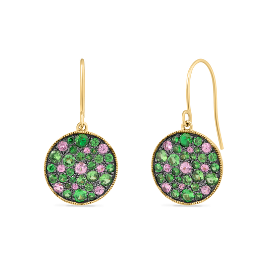 14K ROUND EARRINGS WITH 0.06CT GREEN GARNET AND 0.48CT PINK SAPPHIRES