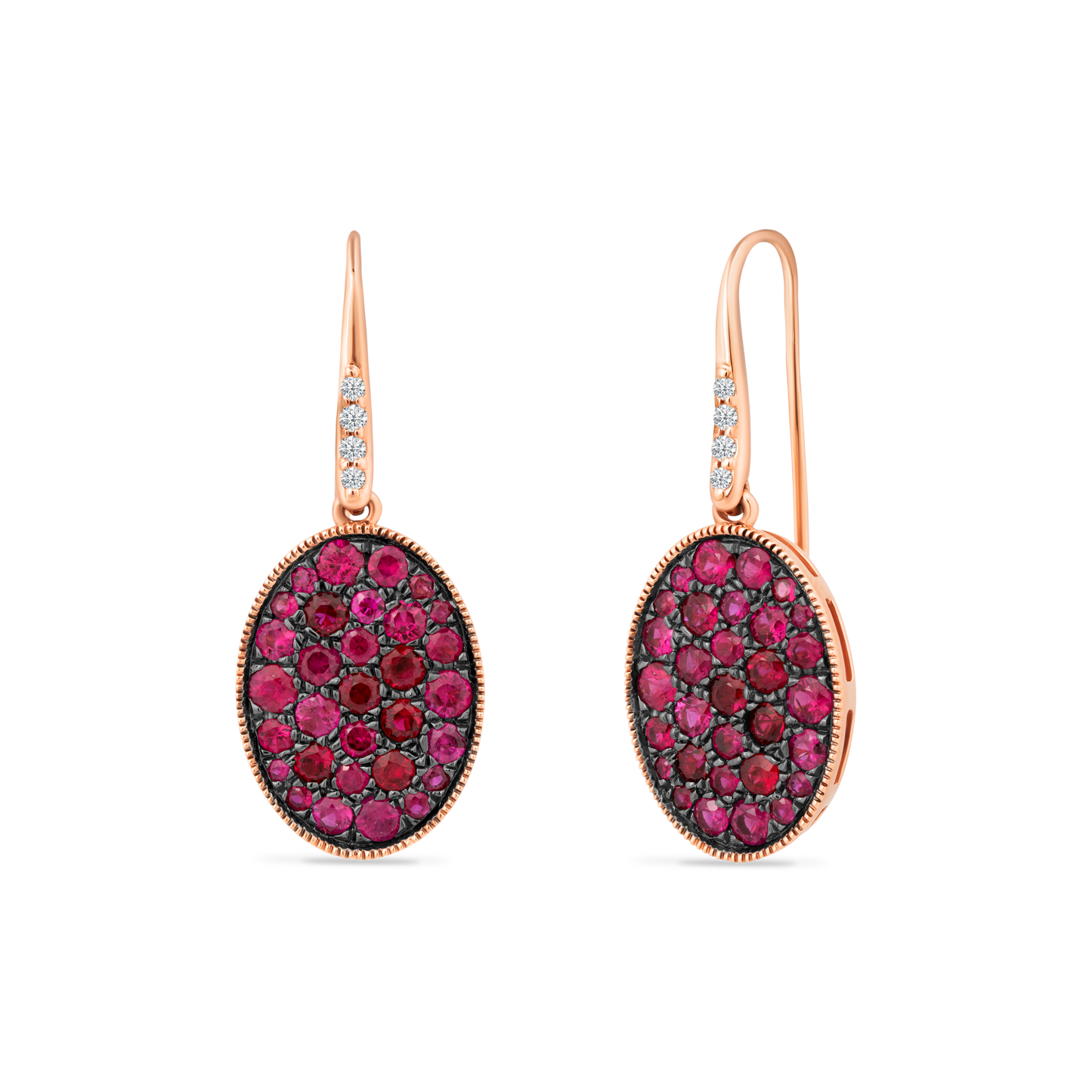 14K OVAL EARRINGS WITH 8 DIAMONDS 0.06CT AND 16 PINK SAPPHIRES 0.17CT