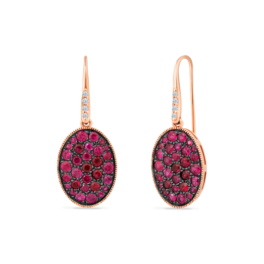 14K OVAL EARRINGS WITH 8 DIAMONDS 0.06CT AND 16 PINK SAPPHIRES 0.17CT