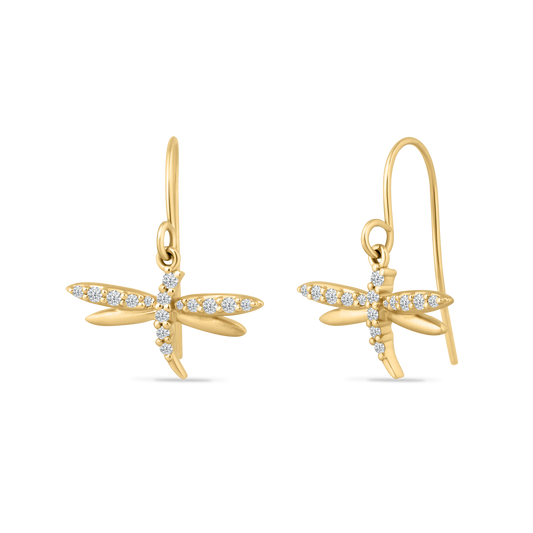 14K DRAGONFLY EARRINGS ON WIRE 74 DIAMONDS 0.36CT