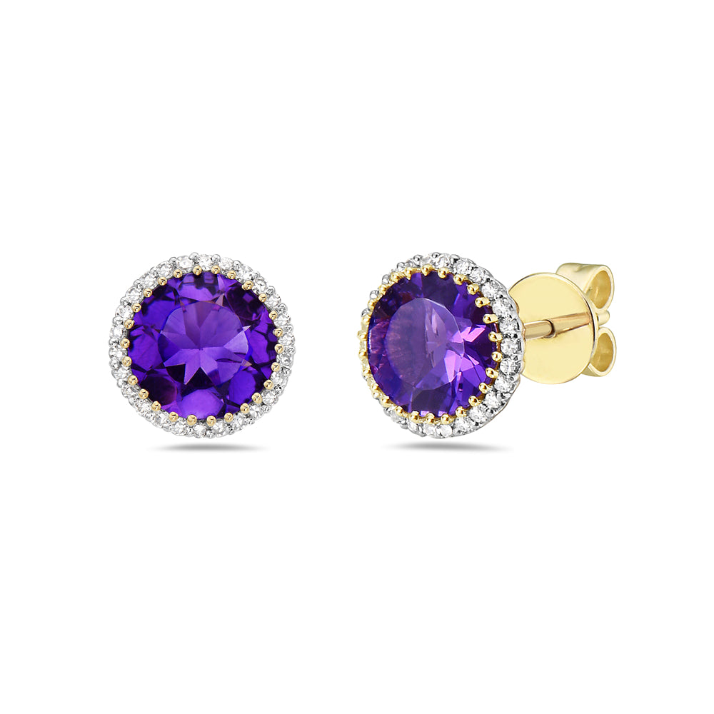 14K STUD EARRINGS WITH 52 DIAMONDS 0.19CT & 2 7MM ROUND AMETHYST 2.90CT
