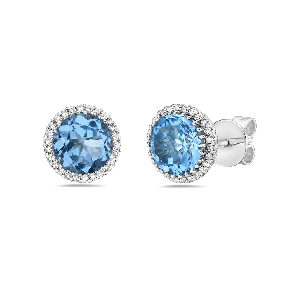 14K STUD EARRINGS WITH 52 DIAMONDS 0.19CT & 7MM ROUND BLUE TOPAZ 3.80CT