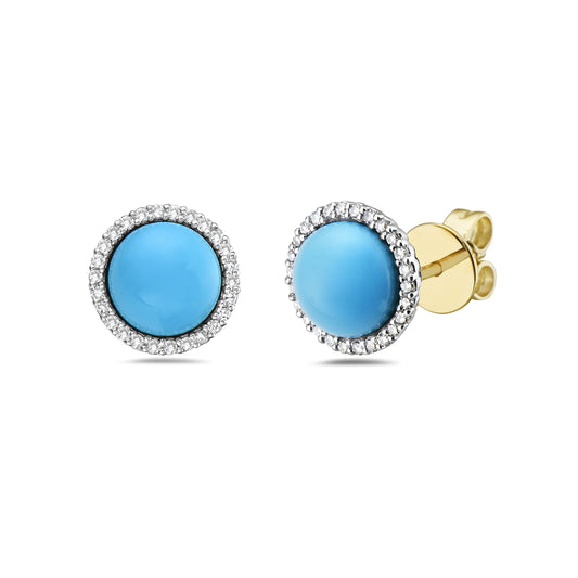 14K STUD EARRINGS WITH 52 DIAMONDS 0.19CT & 7MM ROUND RECON TURQUOISE