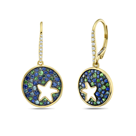14KY 44 SAPPHIRE 1.05CT, 16 DIAMONDS 0.11CT, 26 GREEN GARNET 0.53CT, 24 BLUE DIAMONDS 0.30CT EARRINGS