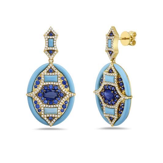14K ART DECO DESIGNED DANGLE EARRINGS WITH 58 SAPPHIRES 2CT, RECON TURQUOISE AND 224 DIAMONDS 0.74CT