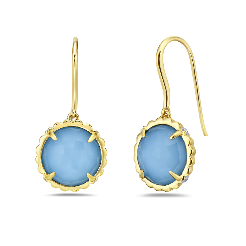 14K DOUBLET WIRE EARRINGS IN ROUND SHAPED RECON TURQUOISE AND CLEAR QUARTZ WITH 16 DIAMONDS 0.06CT