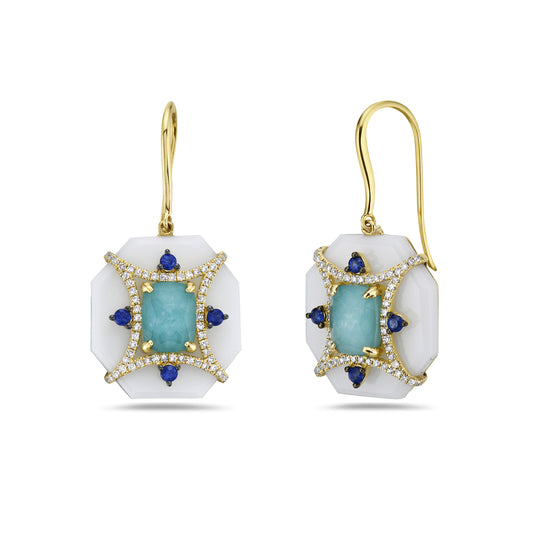 OCTAGON SHAPED WHITE CERAMIC EARRINGS  WITH DIAMONDS