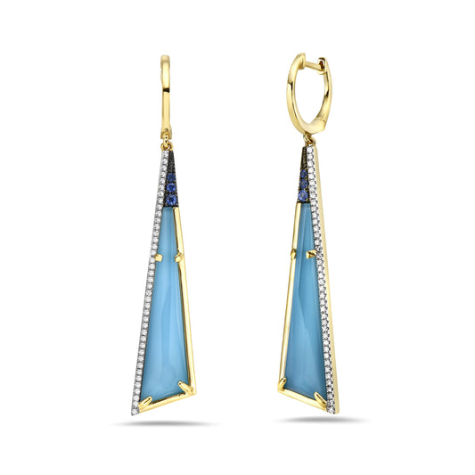 14K LEVER BACK LONG TRIANGLE DOUBLET EARRINGS IN TURQUOISE AND CLEAR QUARTZ WITH 80 DIAMONDS 0.27CT AND 6 BLUE SAPPHIRES 0.130CT