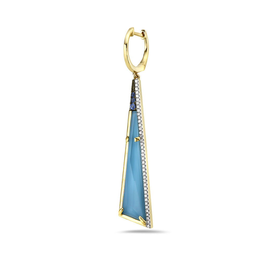 14K LEVER BACK LONG TRIANGLE DOUBLET EARRINGS IN TURQUOISE AND CLEAR QUARTZ WITH 80 DIAMONDS 0.27CT AND 6 BLUE SAPPHIRES 0.130CT