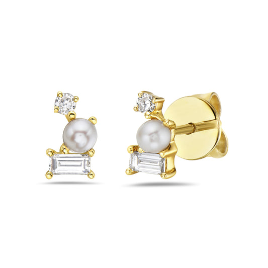 14K PEARL EARRINGS WITH 2 BAGUETTE DIAMONDS 0.150CT AND 2 ROUND DIAMONDS 0.050CT EARRINGS