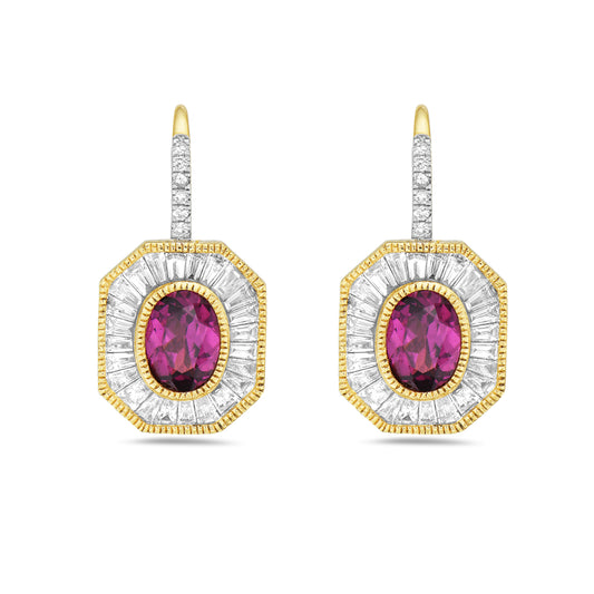 18K HEXAGON SHAPED LEVER BACK EARRINGS. SET WITH 2 OVAL RHODOLITE GARNET 1.65CT, 12 ROUND DIAMONDS 0.065CT AND 50 BAGUETTES DIAMONDS 1.10CT
