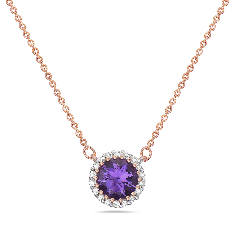 14K PENDANT WITH CENTRAL AMETHYST AND 18 DIAMONDS 0.06CT ON 18 INCHES CABLE CHAIN