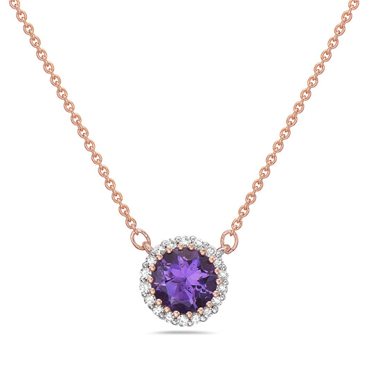 14K PENDANT WITH CENTRAL AMETHYST AND 18 DIAMONDS 0.06CT ON 18 INCHES CABLE CHAIN