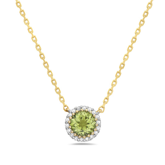 14K PENDANT WITH CENTRAL PERIDOT AND 18 DIAMONDS 0.06CT ON 18 INCHES CABLE CHAIN