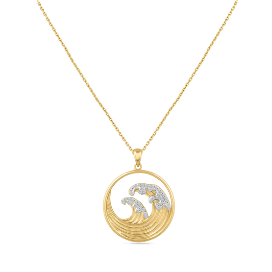 14KY WAVE PENDANT 24MM ROUND WITH DIAMONDS 0.25CT ON 18 INCHES CHAIN