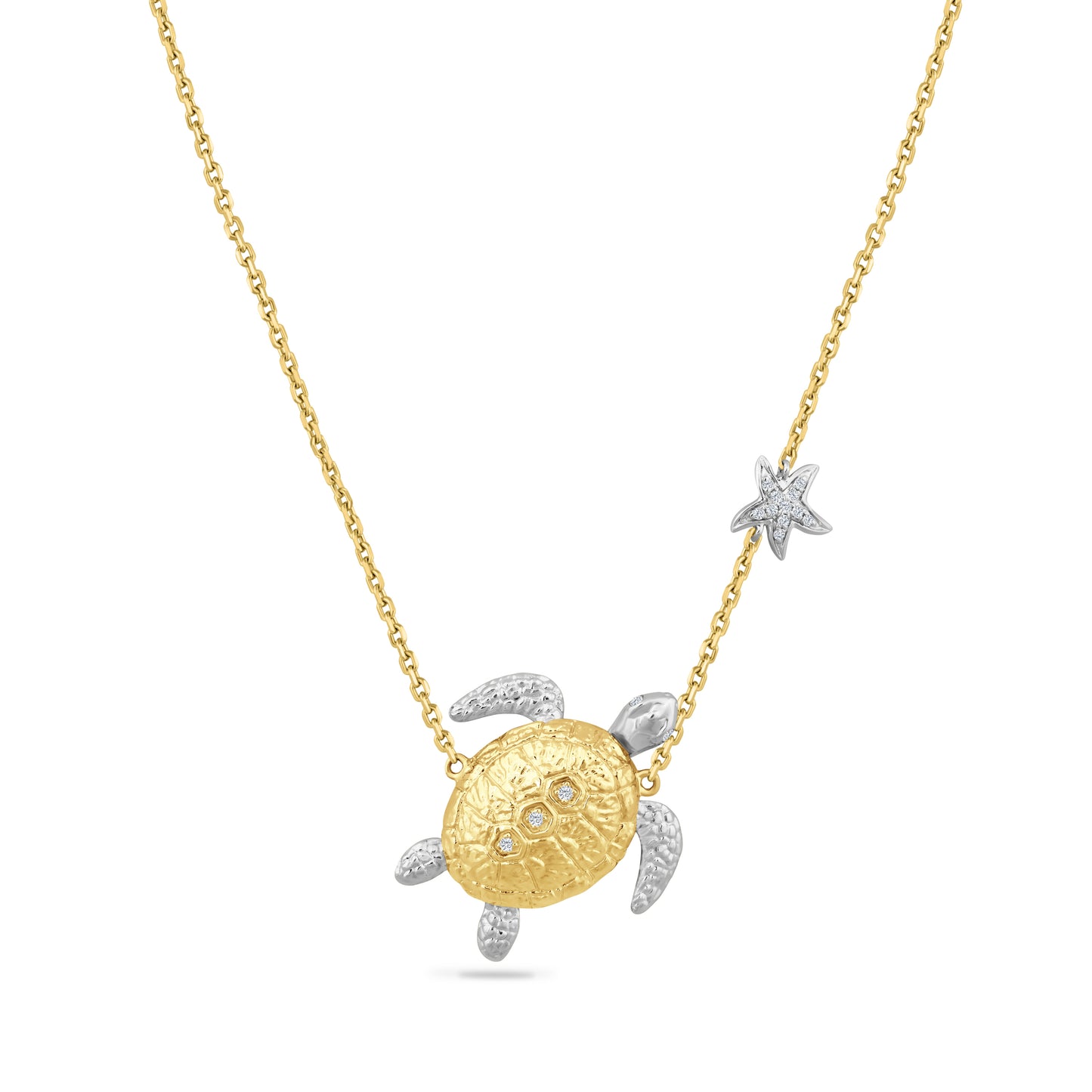 14K TWO-TONE DIAMOND TURTLE NECKLACE WITH 16 DIAMONDS 0.08CT WITH LITTLE DIAMOND STARS ON 18 INCHES CHAIN