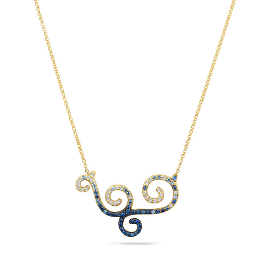 14K WAVE NECKLACE WITH 40 DIAMONDS 0.26CT AND 47 SAPPHIRES 0.45CT ON 18 INCHES CABLE  CHAIN
