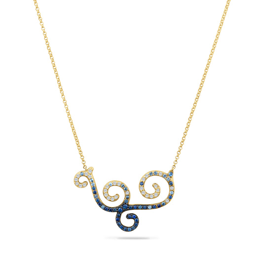 14K WAVE NECKLACE WITH 40 DIAMONDS 0.26CT AND 47 SAPPHIRES 0.45CT ON 18 INCHES CABLE CHAIN