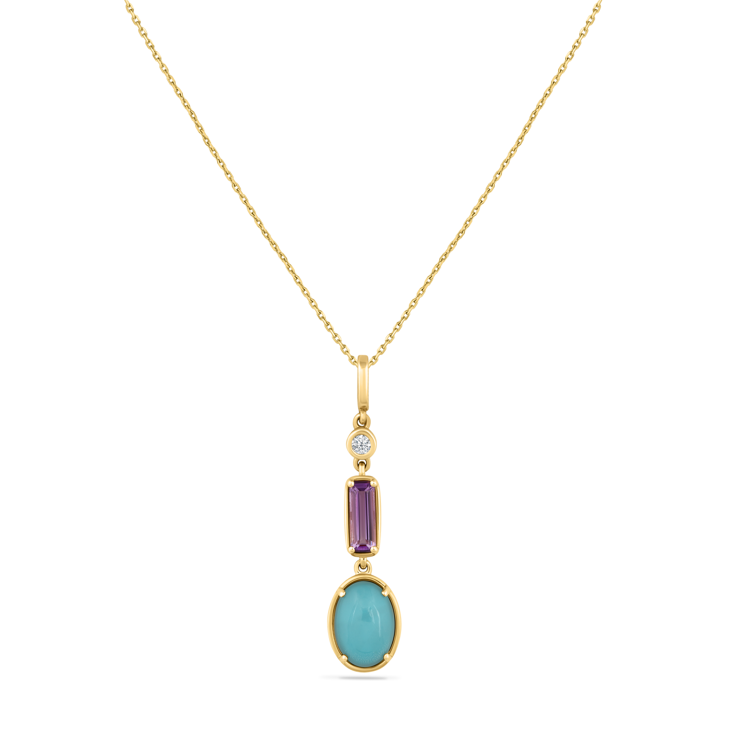 14K DROP PENDANT WITH DIAMOND, AMETHYST, DOUBLET WHITE TOPAZ & RECON TURQUOISE ON 18 INCHES CABLE CHAIN