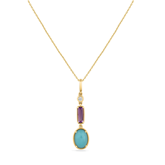 14K DROP PENDANT WITH DIAMOND, AMETHYST, DOUBLET WHITE TOPAZ & RECON TURQUOISE ON 18 INCHES CABLE CHAIN