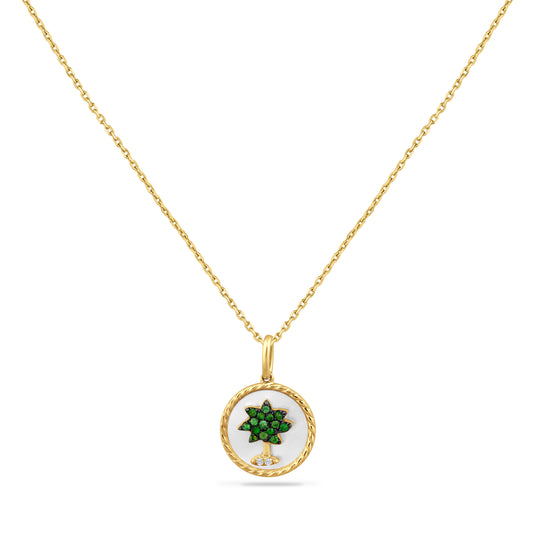 14K PALM TREE PENDANT WITH DIAMONDS, GREEN GARNET & MOTHER OF PEARL ON 18 INCHES CHAIN