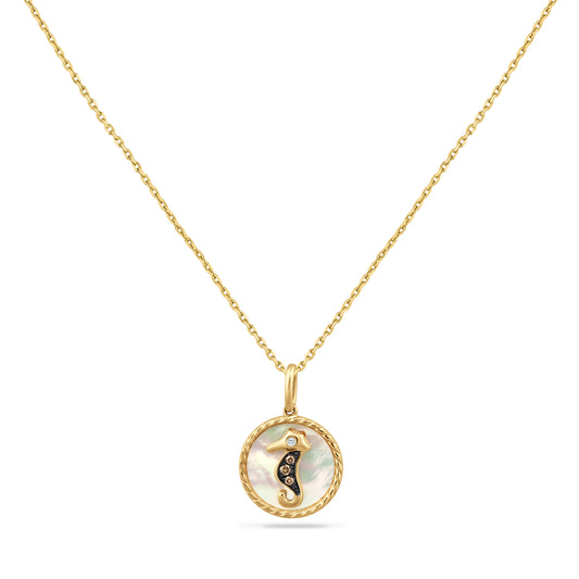 14K SEAHORSE PENDANT MOTHER OF PEARL, 1 DIAMOND 0.01CT & 3 BROWN DIAMONDS 0.03CT ON 18 INCHES CHAIN, 13MM DIAMETER