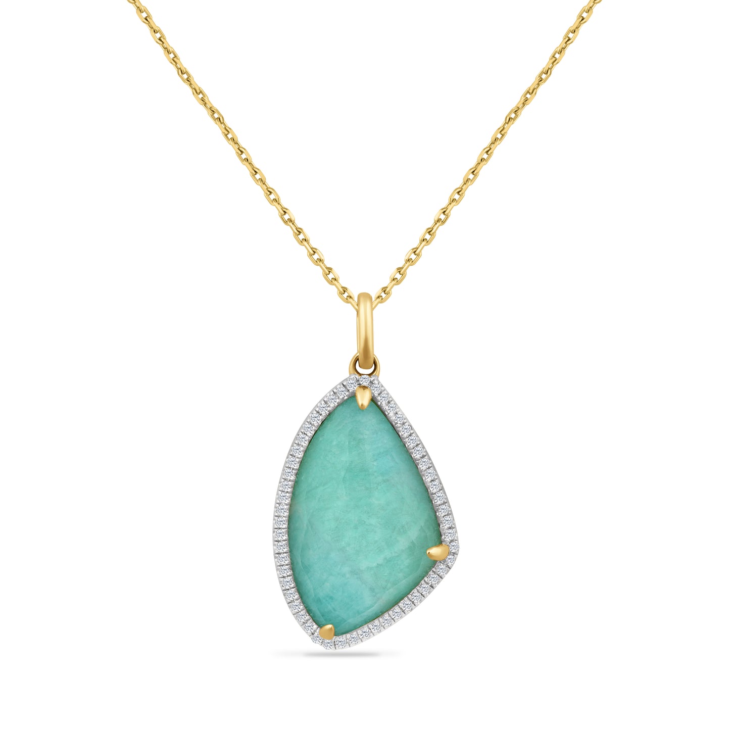14K YELLOW GOLD NECKLACE WITH 1 FANCY SHAPE FLAT AMAZONITE, CRYSTAL PENDANT 15MMX22MM. SET WITH 53 DIAMONDS 0.18CT SUSPENDED ON 18 INCHES CABLE CHAIN