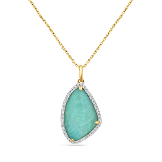 14K FANCY SHAPED FLAT AMAZONITE AND CLEAR QUARTZ PENDANT. SET WITH DIAMONDS SUSPENDED ON 18 INCHES CABLE CHAIN