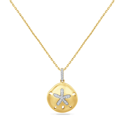 14K SAND DOLLAR PENDANT WITH 0.1CT DIAMONDS, 15MM ON 18 INCHES CABLE CHAIN