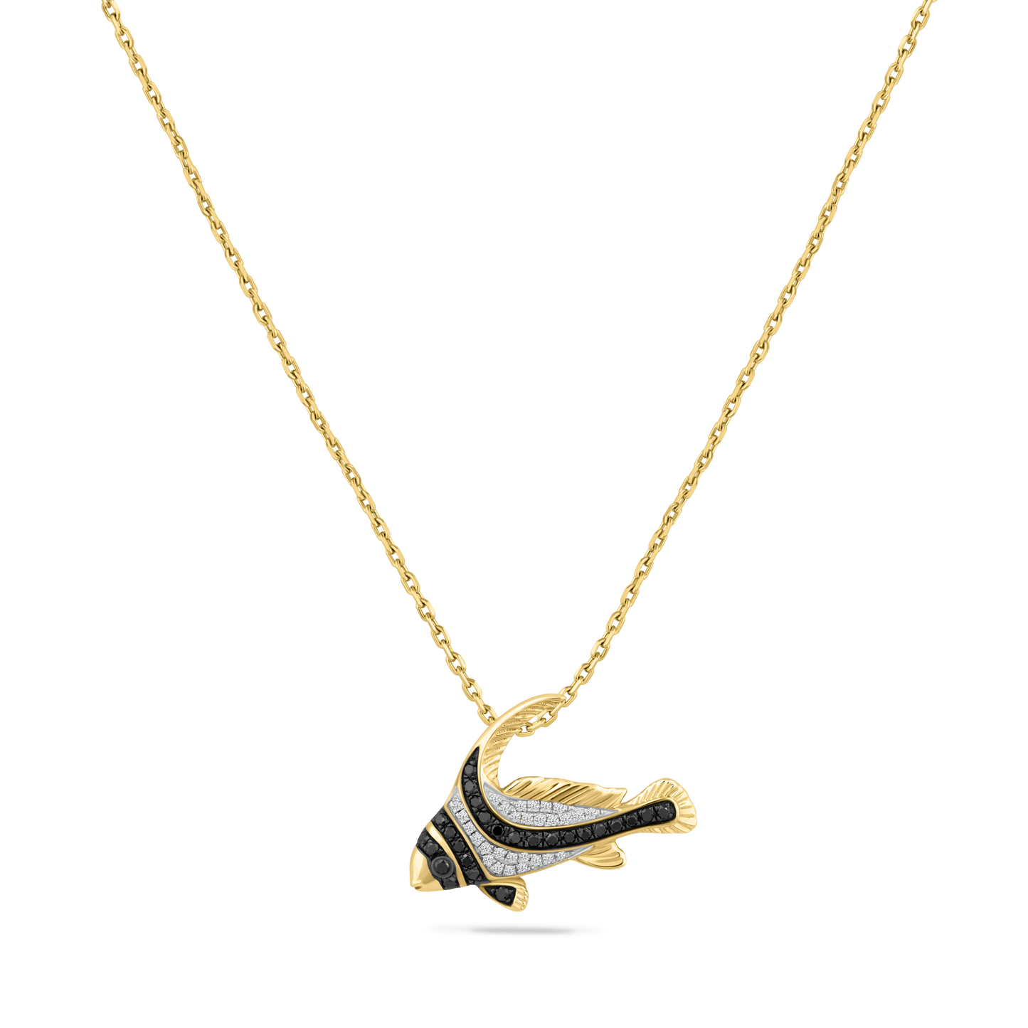 14K SPOTTED FISH PENDANT WITH 28 DIAMONDS 0.11CT & 25 BLACK DIAMONDS 0.19CT. 12MM X 22MM ON 18 INCHES CHAIN