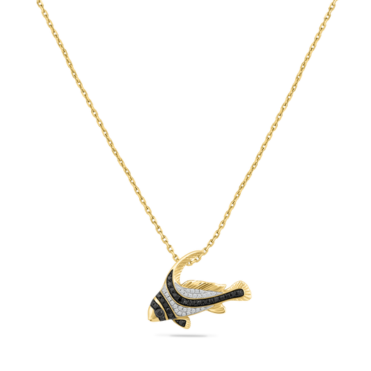 14K SPOTTED FISH PENDANT WITH 28 DIAMONDS 0.11CT & 25 BLACK DIAMONDS 0.19CT. 12MM X 22MM ON 18 INCHES CHAIN