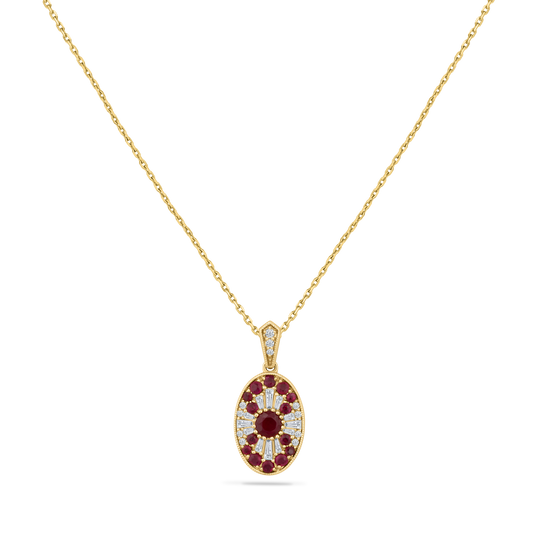 14K PENDANT WITH 23 DIAMONDS 0.22CT & 15 RUBIES 0.78CT ON 18 INCHES CABLE CHAIN