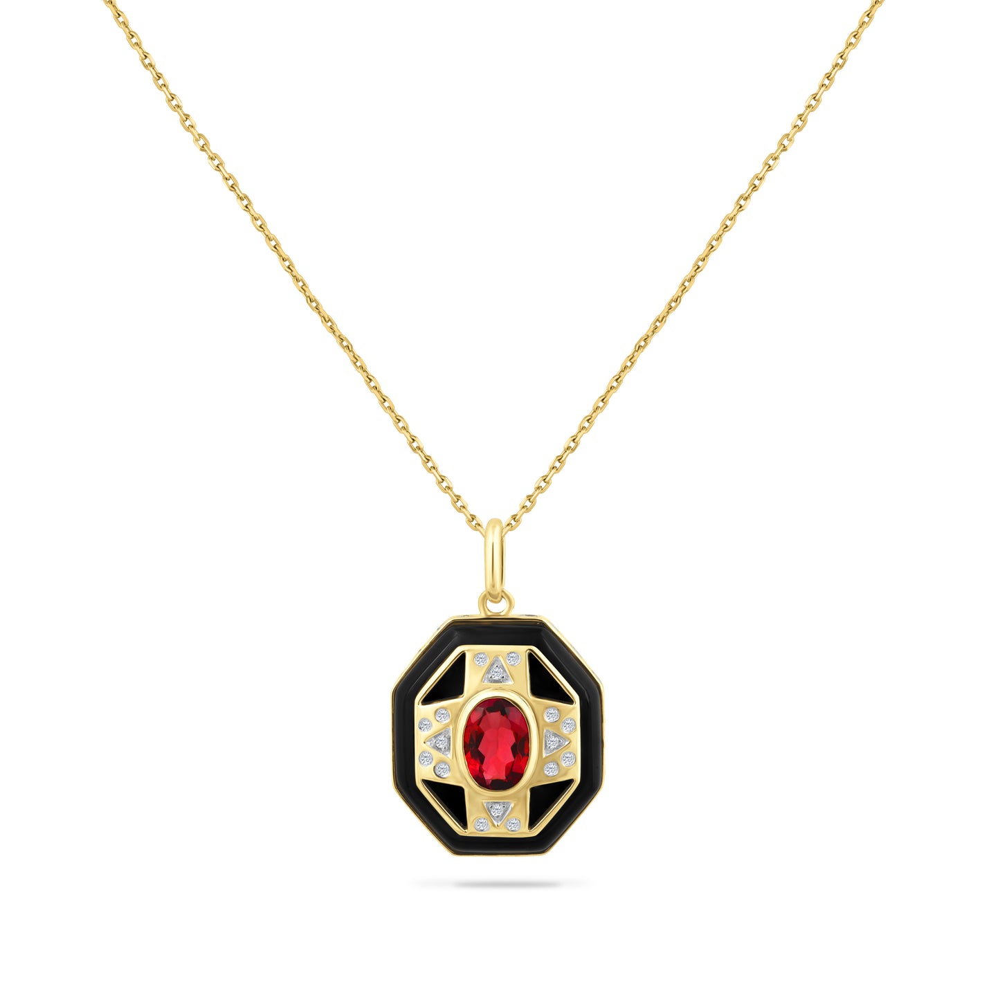 14K PENDANT WITH 16 DIAMONDS 0.06CT, 1 PINK TOURMALINE 0.90CT & 1 BLACK ONYX 1.00CT ON 18 INCHES CHAIN