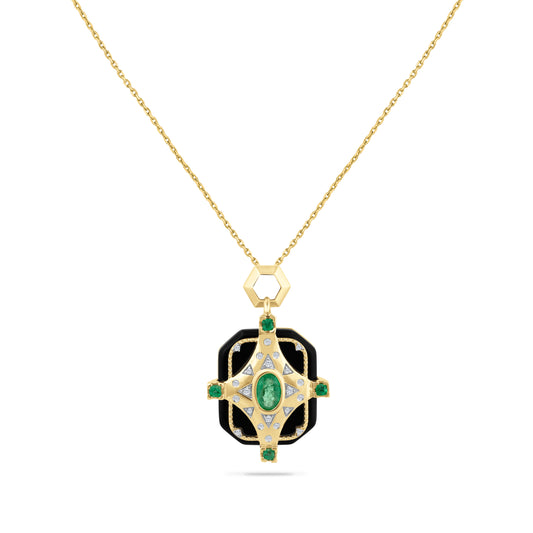 14K PENDANT WITH BLACK ONYX 1.00CT, 22 DIAMONDS 0.09CT, 1 CENTER EMERALD 0.45CT AND 4 EMERALDS 0.16CT ON 18 INCHES CHAIN