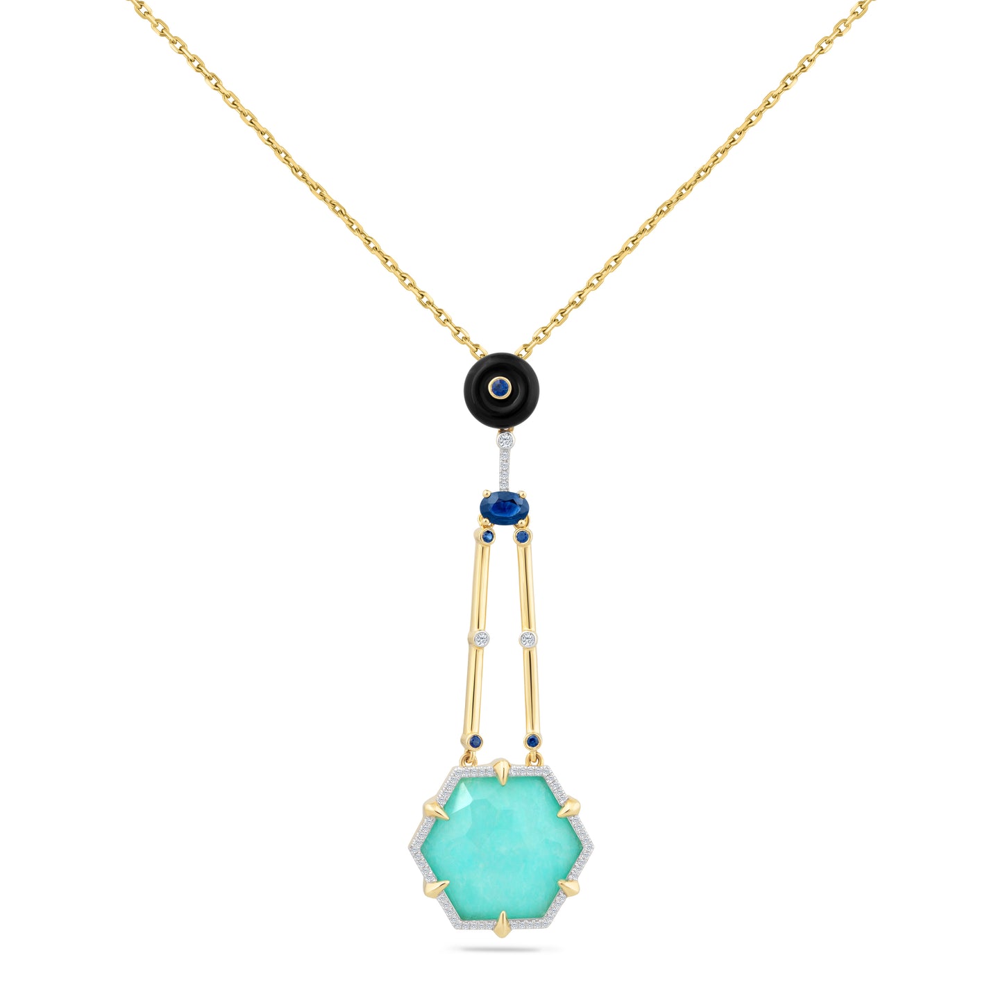 14K LONG HEXAGON SHAPED DOUBLET IN AMAZONITE AND CLEAR QUARTZ PENDANT. WITH DIAMONDS, SAPPHIRES AND BLACK ONYX ON 18 INCHES CABLE CHAIN
