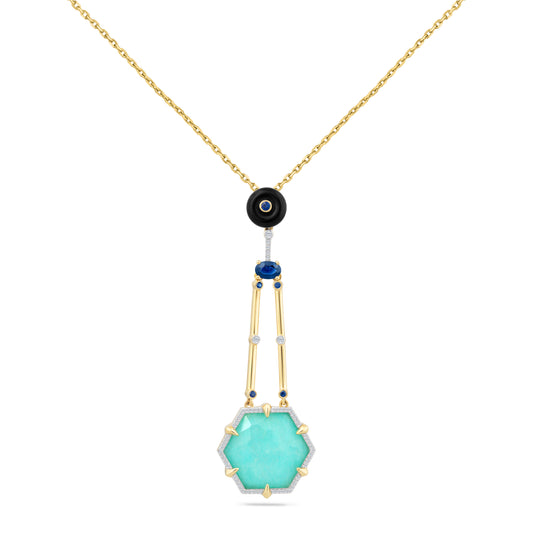 14K LONG HEXAGON SHAPED DOUBLET IN AMAZONITE AND CLEAR QUARTZ PENDANT. WITH DIAMONDS, SAPPHIRES AND BLACK ONYX ON 18 INCHES CABLE CHAIN