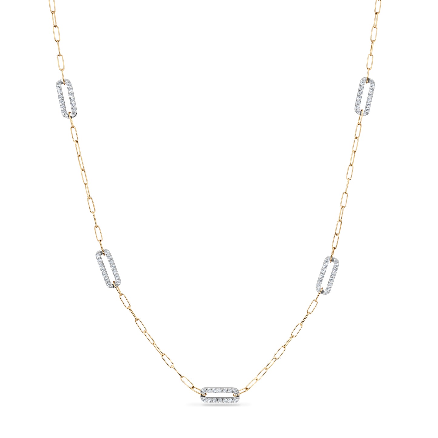14K TWO TONE NECKLACE IN 5 PAPER CLIP SHAPE DESIGN WITH 150 DIAMONDS 2.05CT ON  18 INCHES CHAIN