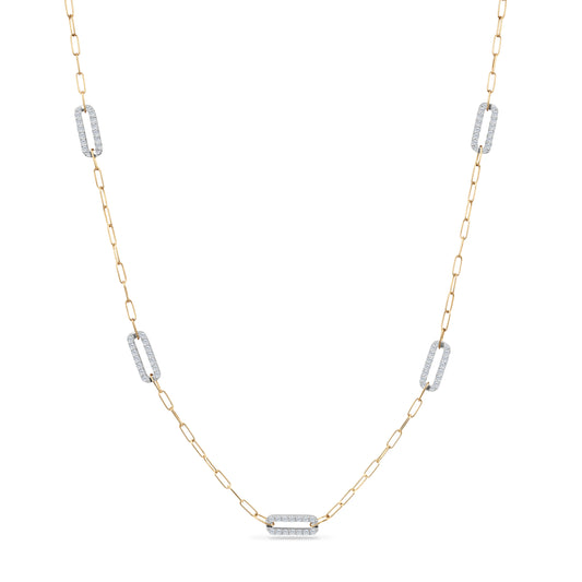 14K TWO TONE NECKLACE IN 5 PAPER CLIP SHAPE DESIGN WITH 150 DIAMONDS 2.05CT ON 18 INCHES CHAIN