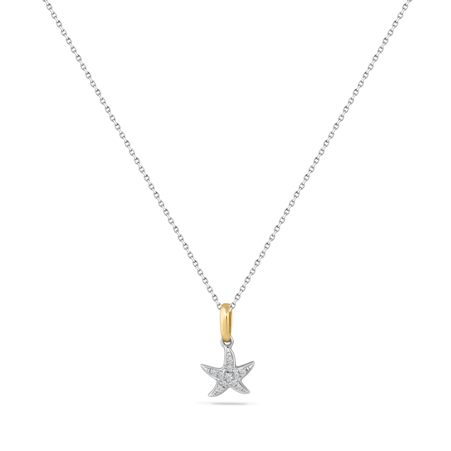 14K TWO TONE SINGLE STARFISH PENDANT WITH 11 DIAMONDS 0.05CT ON 18 INCHES CABLE CHAIN