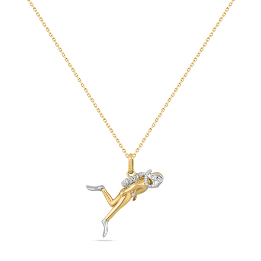 14K TWO TONE SMALL SCUBA DIVER WITH 6 DIAMONDS 0.020CT ON 18 INCHES CABLE CHAIN