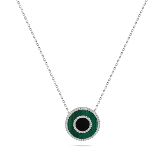 14K DISK PENDANT WITH MALACHITE, BLACK ONYX  & 68 DIAMONDS 0.23CT ON 18 INCHES CABLE CHAIN