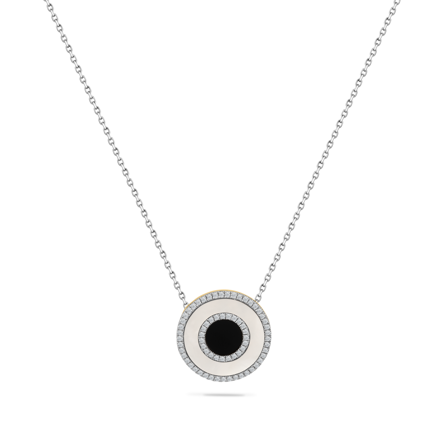 14K DISK PENDANT WITH MOTHER OF PEARL, BLACK ONYX  & 68 DIAMONDS 0.23CT ON 18 INCHES CHAIN