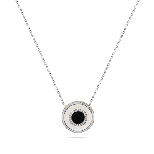 14K DISK PENDANT WITH MOTHER OF PEARL, BLACK ONYX & 68 DIAMONDS 0.23CT ON 18 INCHES CABLE CHAIN