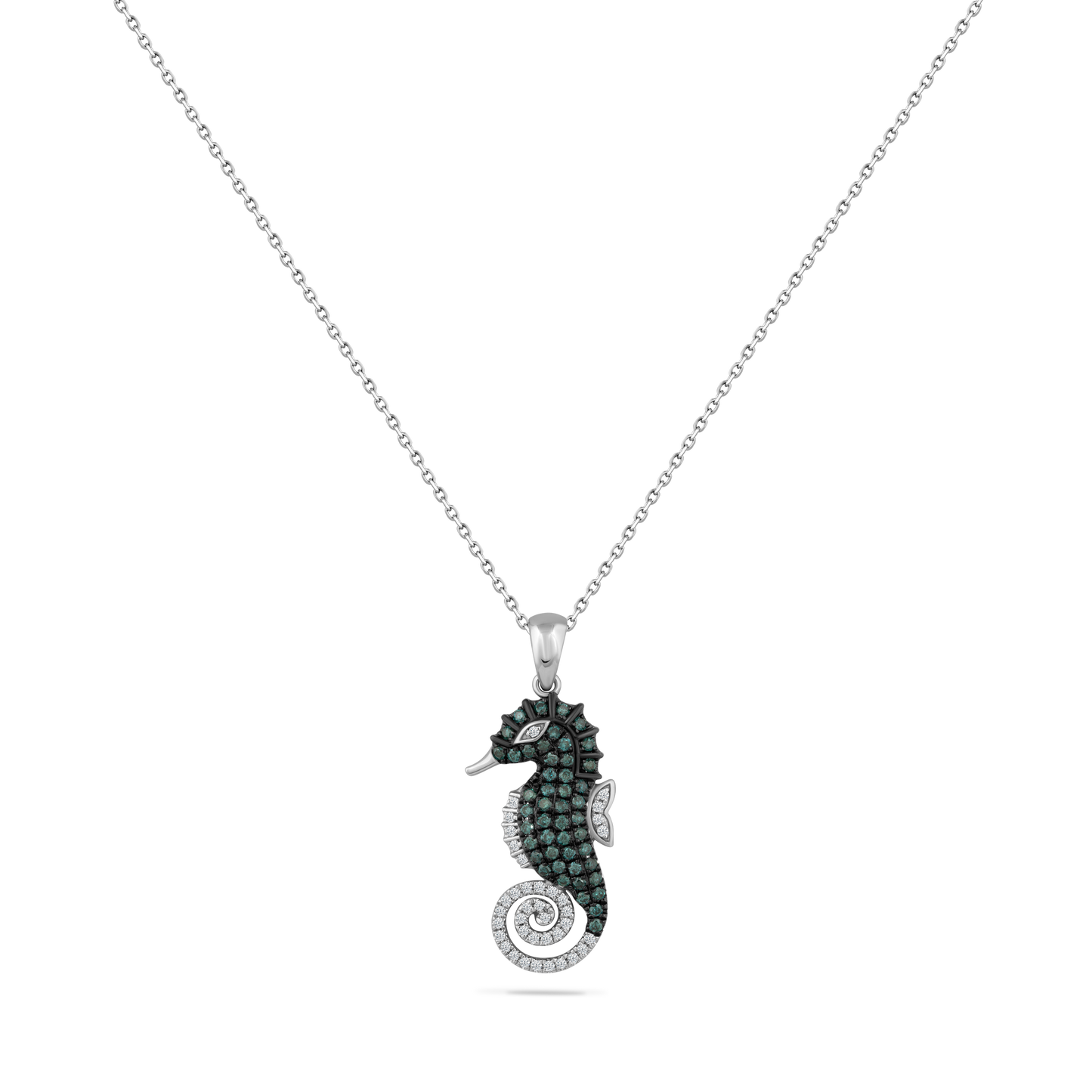 14K SEAHORSE PENDANT WITH 38 DIAMONDS 0.13CT & 48 BLUE DIAMONDS 0.35CT ON 18 INCHES CHAIN